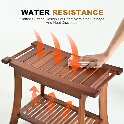 Teak Shower Chair Stool, 24" Shower Bench Seat, Wooden Bathroom Bench with Storage Shelf for Indoor & Outdoor Use - size: 24"