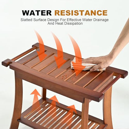 Teak Shower Chair Stool, 24" Shower Bench Seat, Wooden Bathroom Bench with Storage Shelf for Indoor & Outdoor Use - size: 24"