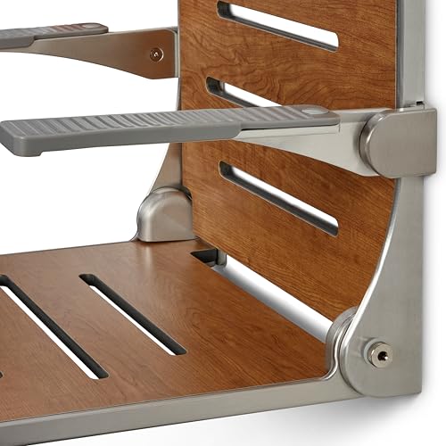 Seachrome Silhouette Comfort Folding Wall Mount Shower Bench Seat with Arms, Rustic Teak Seat with Silver Frame - color: Rustic Teak With Silver Frame