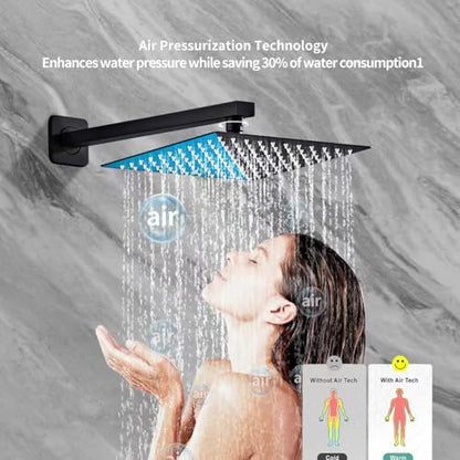 Matte Black Rainfall Shower Head, Wall Mounted 8 Inch Shower Heads with Handheld Spray Combo, Luxury Bathroom Square Rain Shower System, Solid Brass Pressure Balancd Shower Faucet Valve - color: Matte Black, style: 8 Inch