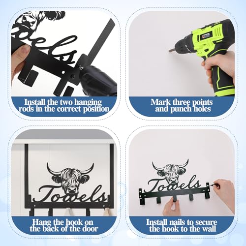 Kathfly Cute Chibi Highland Cow Over the Door Hooks Towel Hooks Heavy Duty Hanging Towel Rack Over Door Hanger, 5 Coat Hanger for Bedroom Bathroom Kitchen - color: Black, style: Cute Chibi Highland Cow