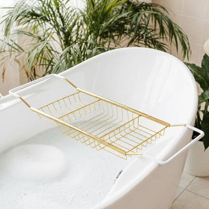 Cabilock Luxury Stainless Steel Bathtub Caddy Tray - 24.8in Expandable Modern Bath Rack for Tub with Wine Glass & Book Holder - Rustproof Shower Organizer & Tablet Stand for Home Spa, Gold - color: Golden