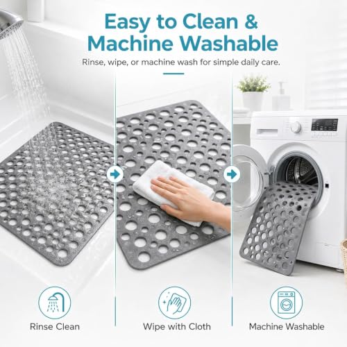 Casa and Beyond Shower Mat, Secure Shower Mat-Non-Slip, Washable Non-Slip Bathtub Mats, with Suction Cups and Drain Holes, Soft Textured Design, Easy to Clean for Bathroom (Grey, 47.2" x 31.5") - color: Grey, size: 47.2" x 31.5" (Rectangular)