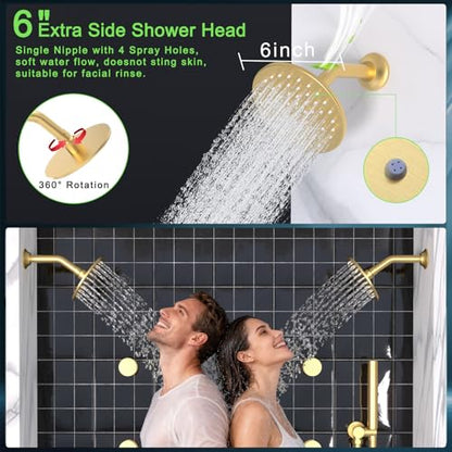 HOMEDEC 16" Round Rain Shower System with Dual 6" Wall Shower Head, 5 Way Shower Valve with 2-Function Handheld Shower and Massage Jets, Brushed Gold - color: Brushed Gold, style: 5-Way + 2x 6" Top