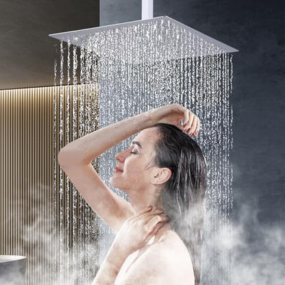 Shower Head, 16 Inch High Pressure Flow Rainfall Shower, Square Ultra Thin Waterfall Bath Showerhead with Silicone Nozzle and Adjustable Metal Swivel Ball Joint, Stainless Steel, Polished Finish
