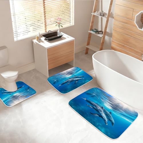 Bathroom Mat Set Ocean Nautical Boys Bathroom Rugs Sets 3 Piece Undersea Dolphins, Memory Foam Bath Rugs, U-Shaped Toilet Rug Non Slip Absorbent Blue - color: Color4