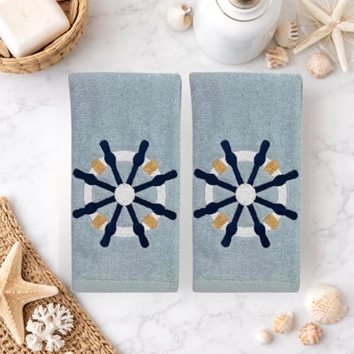 Serafina Home Coastal Nautical Ocean Embroidered Navy White Fingertip Towels, Captains Ship Wheel, Set of 2, 12 x 18 inches, 100% Cotton, - color: Ships Wheel