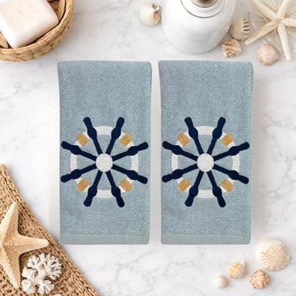 Serafina Home Coastal Nautical Ocean Embroidered Navy White Fingertip Towels, Captains Ship Wheel, Set of 2, 12 x 18 inches, 100% Cotton, - color: Ships Wheel