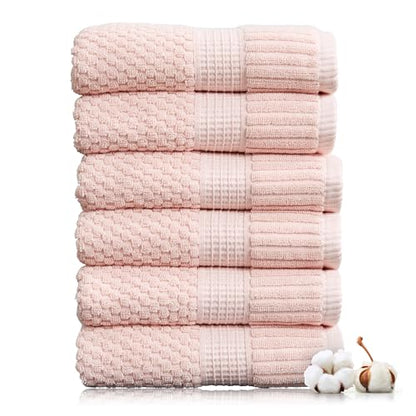 NY Loft 100% Cotton 6-Pack Hand Towel Set | Pink | Oeko-TEX | Quick-Dry | Six 16" x 28" Hand Towels | Super Absorbent | Designer-Styled Texture - color: Light Pink, size: Hand Towel (6 Pack)