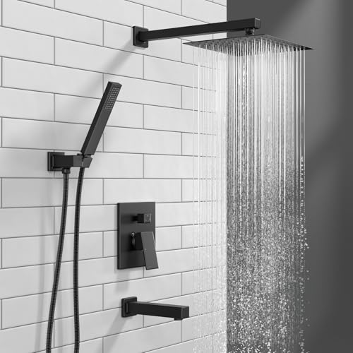 Lava Odoro Modern 3-Setting Square Shower and Tub Faucet Set with Shower Head and Handheld Sprayer Black, Rainfall Shower System with Tub Spout, Shower Valve Trim Kit, Matte Black, SF103-MB-T - color: Matte Black, style: With Tub Spout