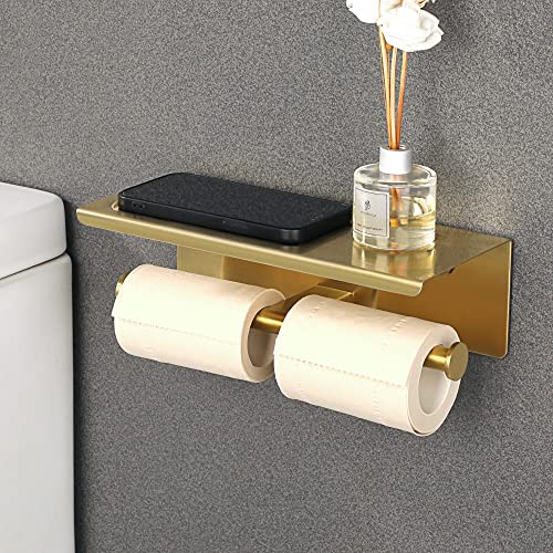 Alise Double Toilet Paper Holder with Shelf,Bathroom Tissue Holder,Gold | SUS304 Stainless Steel Wall Mounted Toilet Paper Roll Holder Storage Dispenser,Self Adhesive or Wall Mount Drilling