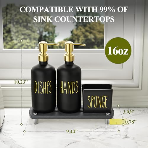 Cisily Kitchen Soap Dispenser Set Comes with Ceramics Sponge Holder, Gold Pumps, and Instant Dry Tray, Hand and Dish Soap Dispenser Set (4, Gold + Black + Sponge Holder) - color: Gold + Black + Sponge Holder