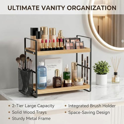 2-Tier Wood Bathroom Counter Organizer with Basket,Waterproof Vanity Perfume Skincare Storage for Bathroom, Kitchen, Dresser - color: Light Brown