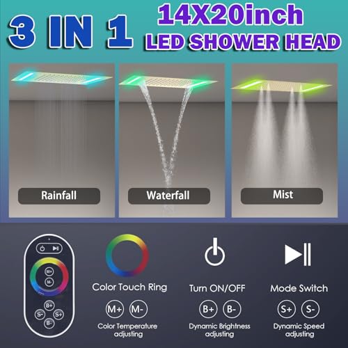 AYIVG Thermostatic Full Body Rainfall Shower System Dual 3 Way Diverter Valve 6 Function Ceiling Mount 14x20" ShowerHeads With 6 Jets 2 Handheld Shower Set (Brushed Gold) - color: Brushed Gold