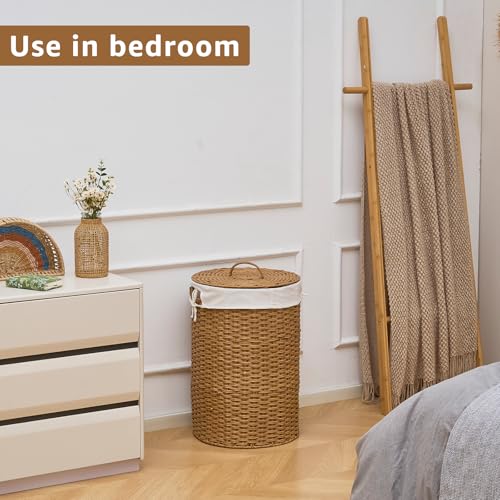 Round Wicker Laundry Hamper with Lid Handwoven Rattan Basket with Handles for Dirty Clothes, 2 Washable Liner Bags, No Assembly Required, Washable Basket, 60L - color: Rattan, size: 60L