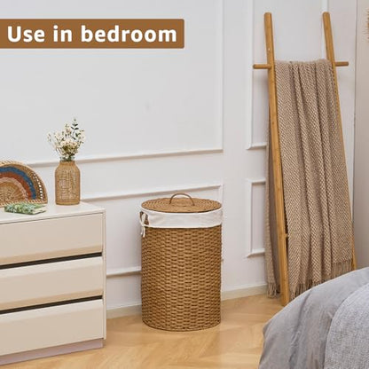 Round Wicker Laundry Hamper with Lid Handwoven Rattan Basket with Handles for Dirty Clothes, 2 Washable Liner Bags, No Assembly Required, Washable Basket, 60L - color: Rattan, size: 60L