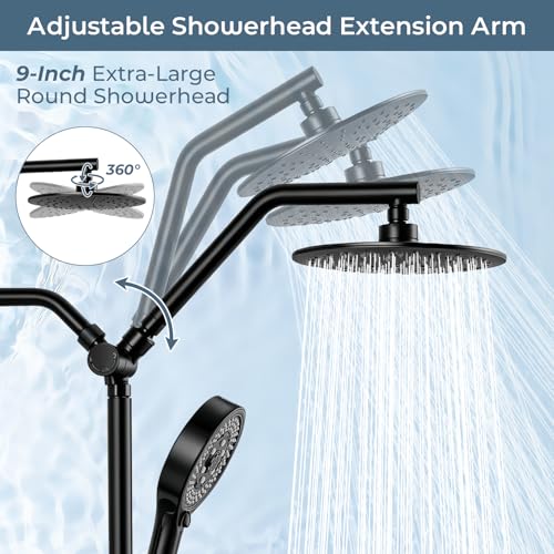 Shower Head with Handheld Combo High Pressure Black, Adjustable Bar | No drilling required, Height-Adjustable, 9-inch rainfall head, silicone slide bar, 3-waydiverter, 59-inch hose, G1/2 fit - color: 1-Black