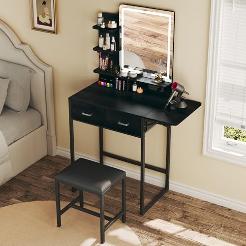 ALEXNUTRE Makeup Vanity Desk with Mirror and Lights, Small Vanity with Fabric Storage Drawer & Chair & Shelves, Vanity with Fold-up Panel and Power Outlet for Bedroom - style: Black