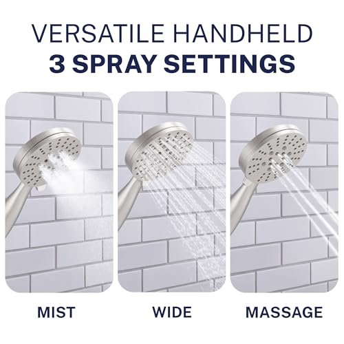 HammerHead Showers® Solid Metal 3-Spray Handheld Shower Head with Long Hose and Holder - BRUSHED NICKEL - 2.5 GPM High Pressure Shower Head with Handheld Sprayer - WIDE, MASSAGE, and MIST Sprays - color: Brushed Nickel, size: 2.5 GPM Standard