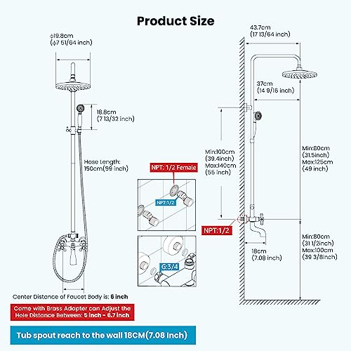 gotonovo Exposed Shower Faucet with Spout Oil Rubbed Bronze,Straight Pipe | Brass Bathroom Exposed Shower System,8’’ Rain Head,Swivel Tub Spout 2 Cross Handle,Adjustable Handheld Sprayer,Wall Mount - color: Bronze