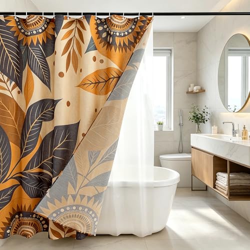Burnt Orange Botanical‌ Pattern Linen Shower Curtain Set with Liner | Double Layer Shower Curtain Waterproof Fabric with Zippered Removable PEVA Liner,Boho Shower Curtain for Bathroom,Free Hooks - color: Sunflower