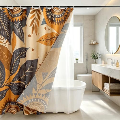 Burnt Orange Botanical‌ Pattern Linen Shower Curtain Set with Liner | Double Layer Shower Curtain Waterproof Fabric with Zippered Removable PEVA Liner,Boho Shower Curtain for Bathroom,Free Hooks - color: Sunflower