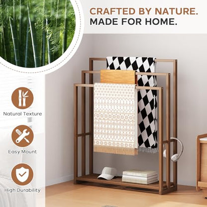 Standing Towel Rack for Bathroom, 39.4''H Bamboo Blanket Racks with Shelf | 31.5"W × 9.4"D × 39.4"H • Walnut • Waterproof • Blanket rack • Blanket holder • Ventilated • Bottom shelf • Anti-tip - color: Walnut