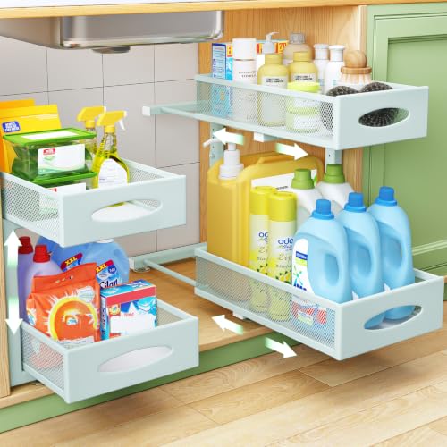 Under Sink Organizer, 2 Tier Pull out Cabinet Organizer Baskets with Mesh Sliding Drawers, Slide out Storage Shelf for Home, Kitchen, Bathroom, Pantry, Office Cabinet(1 Pack, Blue) - color: Blue, size: 1 Pack