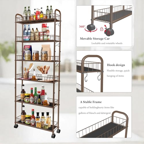 6in 6-Tier Slim Storage Cart with Wheels, Metal Narrow Rolling Shelf, Sturdy Slim Storage with Hooks Ideal for Kitchen, Bathroom, and Laundry Room (Champagne Gold) - size: 6in Champagne Gold