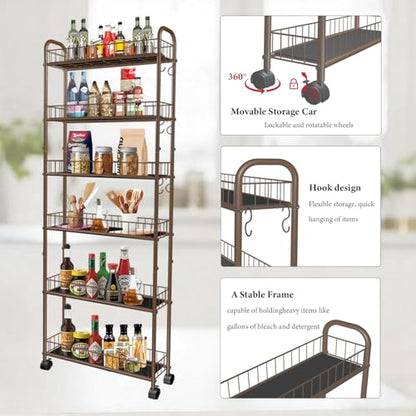 6in 6-Tier Slim Storage Cart with Wheels, Metal Narrow Rolling Shelf, Sturdy Slim Storage with Hooks Ideal for Kitchen, Bathroom, and Laundry Room (Champagne Gold) - size: 6in Champagne Gold