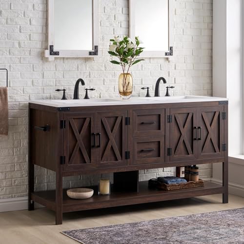 AMERLIFE 60" Brown Farmhouse Double Sink Bathroom Vanity, Solid White Top | Rustic Brown, Solid White Integrated Top, Moisture-Resistant MDF, 4 X-Panel Doors, 2 Drawers, Open Shelf, Paper Towel Holder - color: Rustic Brown, size: 60”
