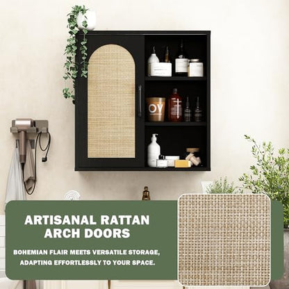 RUSTOWN Boho Rattan Bathroom Wall Cabinet with Sliding Door, Black | Farmhouse Bathroom Cabinet, Adjustable Shelves, Over The Toilet Storage Cabinet, 3-Tier Wall Mounted Cabinets - color: Black