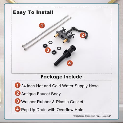 Matte Black Antique Bathroom Faucet, 4 Inch Centerset | Stainless Steel, Lavatory Faucet, Pop Up Drain, 4 inch Centerset - color: Matte Black