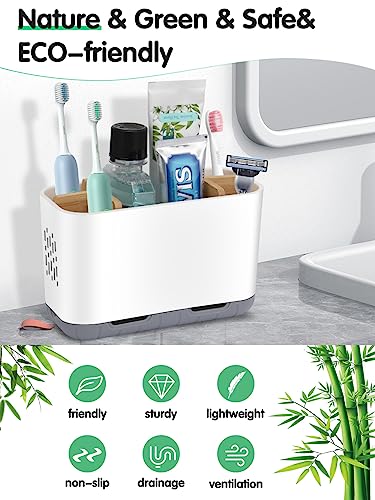 GFWARE Toothbrush Holders for Bathrooms - Bamboo Divider Toothbrush and Toothpaste Holder with Drainage, Kids Electric Toothbrush Organizer for Bathroom Countertop, White Tooth Brush Holder | 5 Slots Toothbrush and Toothpaste Holder with Bamboo Divider, K