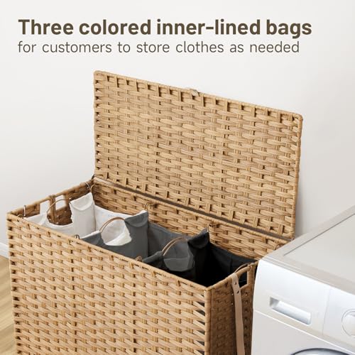 Laundry Hamper with Wheels, 60.72 Gallon(230L) Rolling Laundry Basket with Lid, Removable Large 3 Color Liners & 3 Mesh Laundry Bags, Clothes Hamper with Side Pocket, Natural - color: Natural, size: 35.43"L x 15.75"W x 25.6"H