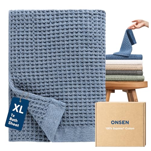 ONSEN Supima® Waffle Bath Sheet, Large, Quick Dry Lint Free 100% USA Cotton, Oversize Lightweight Absorbent Bath Sheet, 38x67 in (Denim Blue, 1x Bath Sheet)