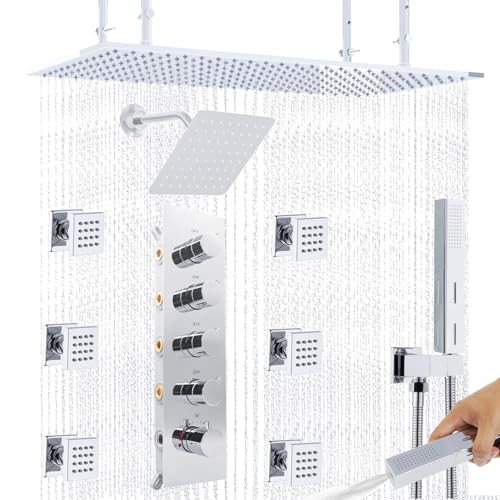 Dual Shower Heads System 16"x32" Ceiling Mount Rainfall and 6" Wall Mounted Shower Heads with 6 body Jets Thermostatic Shower Valve Full Body Shower System,Polished Chrome - color: Polished Chrome