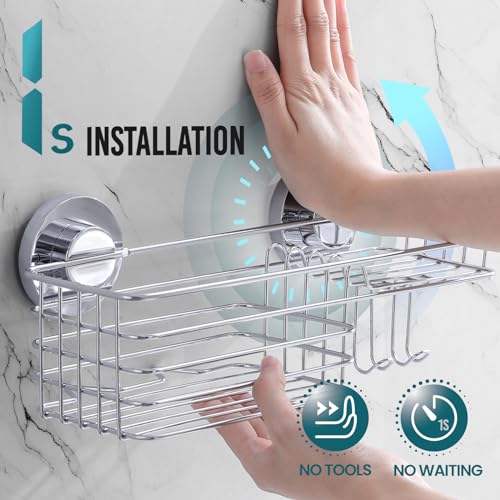 TAILI Shower Caddy Suction Cup 2 Pack with Hooks and Soap Holder, Silver | Heavy Duty Shower Organizer, No Drilling Bathroom Suction Shelves, Wall Shower Caddy - color: Silver, size: 2 x Medium