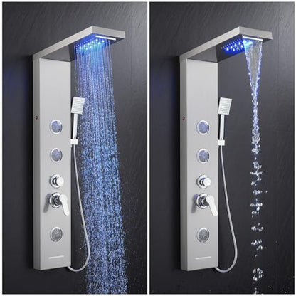 5 in 1 Shower Panel Tower System with LED Lights, Rainfall and Waterfall Shower Head, 3 Pcs Adjustable Body Jets, Handheld Shower, Tub Spout (Brushed Nickel) - color: Brushed Nickel - 2-in-1 Body Jets