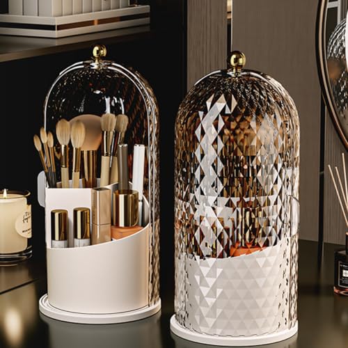 Makeup Brush Holder Organizer with Cover - 360° Rotating Clear Dustproof Cosmetic & Skincare Storage for Vanity, Desktop, Bathroom Countertop (White)