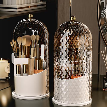 Makeup Brush Holder Organizer with Cover - 360° Rotating Clear Dustproof Cosmetic & Skincare Storage for Vanity, Desktop, Bathroom Countertop (White)
