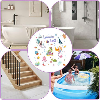 PRATIQUE Non Slip Bathtub Stickers, 6 Pages Underwater World Mermaid | Sea Organisms Stickers, Adhesive Kids Anti Slip Decal Threads, Shower Floor and Bath Tub Decals, Premium Scraper - color: Mermaid