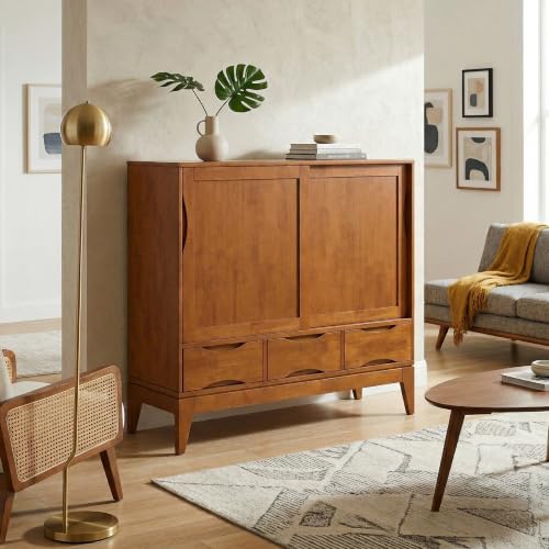 SIMPLIHOME Lowry 39" Wide Veneer and Metal Cabinet in Walnut Veneer - color: Teak Brown, size: 48 inch