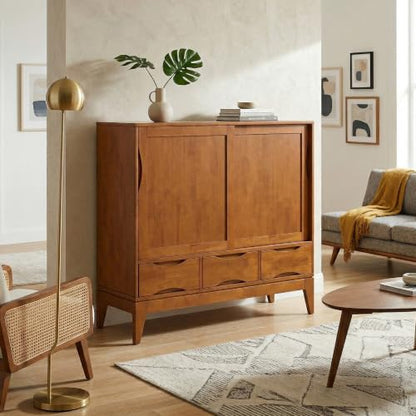 SIMPLIHOME Lowry 39" Wide Veneer and Metal Cabinet in Walnut Veneer - color: Teak Brown, size: 48 inch