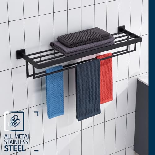 KOKOSIRI Black Towel Rack 32'' Bathroom Towel Shelf with Double Towel Bars SUS304 Matte Black Stainless Steel Wall Mounted, B6003BK-L32 - color: Matte Black, size: 32-Inch