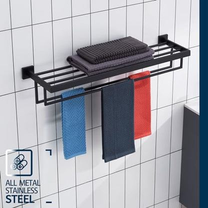 KOKOSIRI Black Towel Rack 32'' Bathroom Towel Shelf with Double Towel Bars SUS304 Matte Black Stainless Steel Wall Mounted, B6003BK-L32 - color: Matte Black, size: 32-Inch
