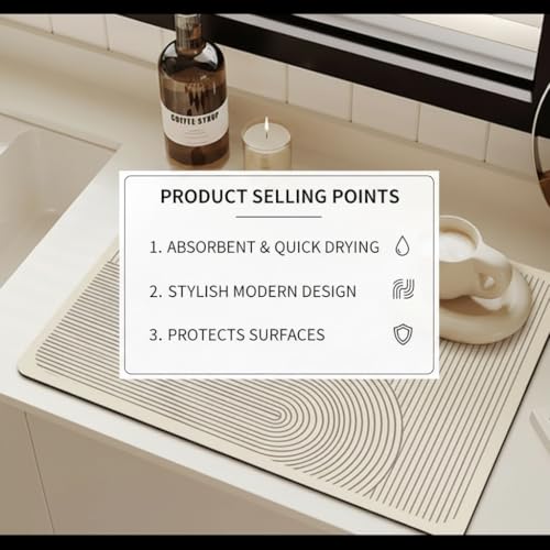 Super Absorbent & Non-Slip Geometric Rubber-Diatomite Drying Mat - Durable, Quick-Dry Kitchen and Bathroom Countertop Pad for Coffee Machines, Spices, and Essentials, Bathroom Countertop Mat