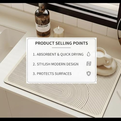 Super Absorbent & Non-Slip Geometric Rubber-Diatomite Drying Mat - Durable, Quick-Dry Kitchen and Bathroom Countertop Pad for Coffee Machines, Spices, and Essentials, Bathroom Countertop Mat