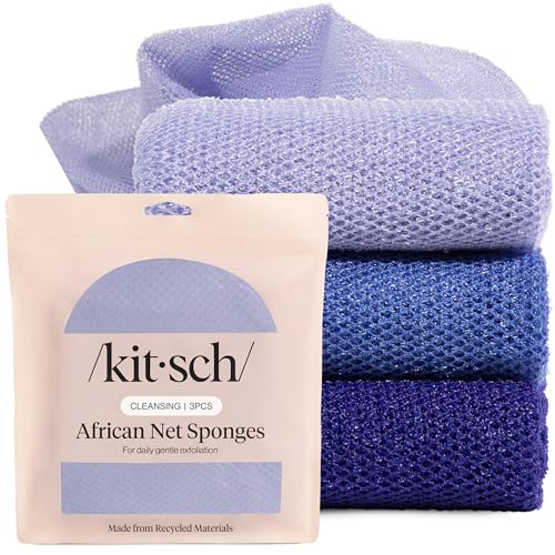 Kitsch African Net Sponge – Exfoliating Body Scrubber – Ocean Blue, 3 Pcs | for Cleansing & Gentle Daily Exfoliation – Stretchable Bath Sponge for Hard-to-Reach Areas – Long-Lasting Shower Essential - color: Ocean Blue
