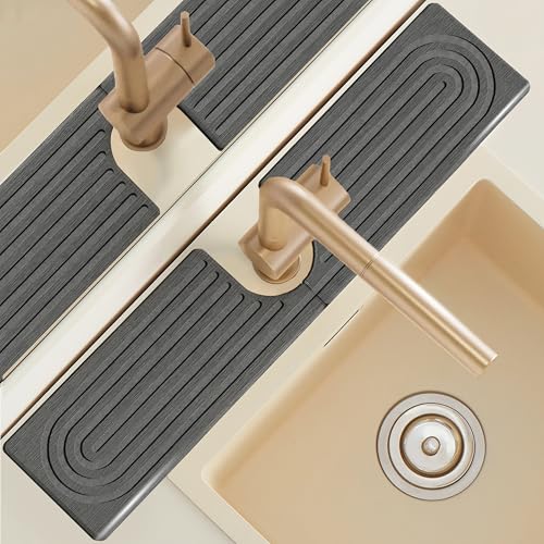 Kitchen Faucet Absorbent Mat with U-Shape Hole, 23.6" Diatomaceous Earth Splash Guard for Sink Faucet, Aesthetic Water Absorbing Stone Tray Draining Mat for Modern Home, Gift for Girlfriend, Dark Grey - size: 23.6" x 3.9"